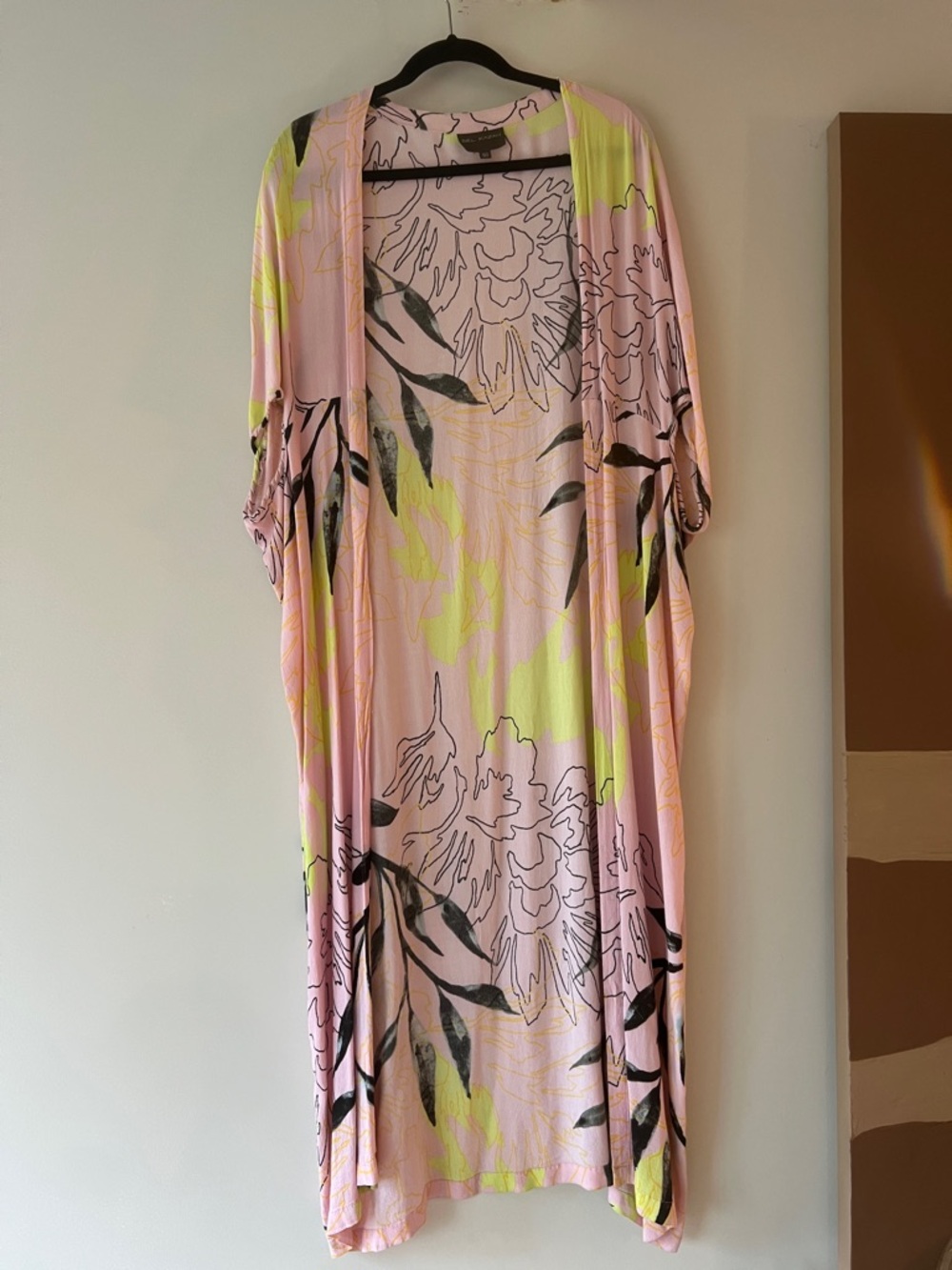 Anthropologie Floral Pink & Neon Yellow Open Front Kimono